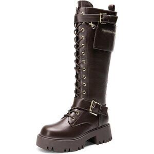 Women's Leather Brown Combat Platform Knee High Lace Up Boots Motorcycle Boots